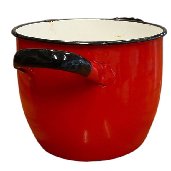 Vintage Huta Silesia Red Enameled Stockpot Black Rimmed Double Handled Cook Pot - Picture 4 of 8